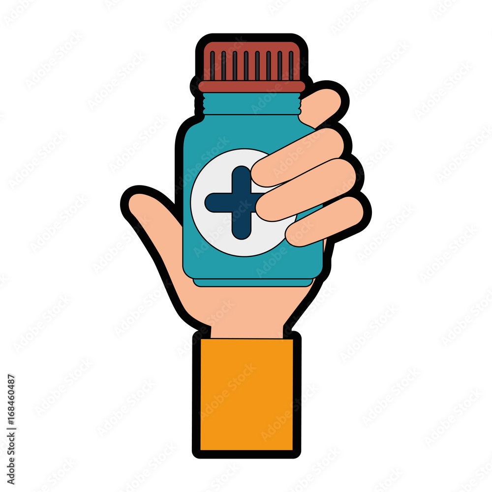 hand holding a medicine bottle icon over white background vector illustration