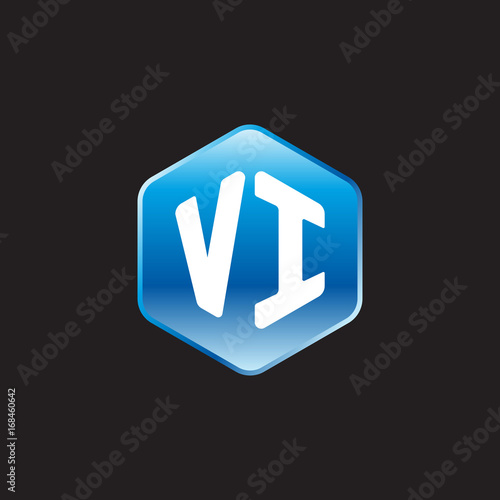 Initial letter VI, modern glossy hexagon logo, gradient blue color on black background 