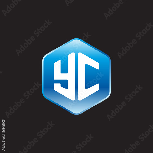Initial letter YC, modern glossy hexagon logo, gradient blue color on black background 