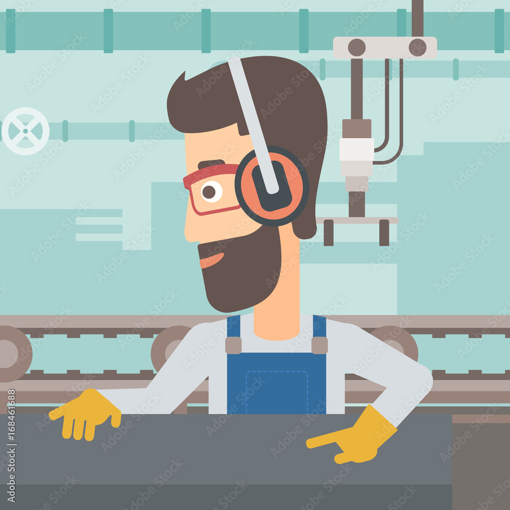 A hipster man with the beard working on a steel-rolling mill on the background of factory workshop with conveyor belt vector flat design illustration. Square layout. A hipster man with the beard working on a steel-rolling mill on the background of factory workshop with conveyor belt vector flat design illustration. Square layout.