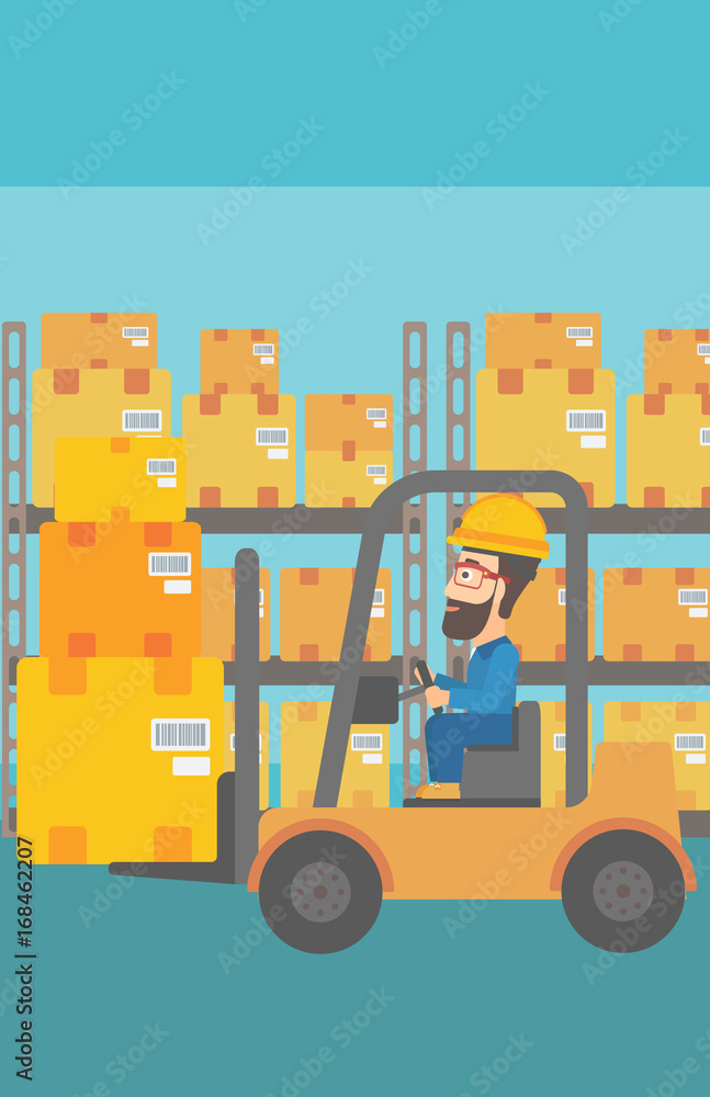A hipster man with the beard moving load by forklift truck on the background of warehouse vector flat design illustration. Vertical layout. A hipster man with the beard moving load by forklift truck on the background of warehouse vector flat design illustration. Vertical layout.