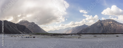 Panorama of sand dunes and moutains, Hunder sand dunes, Nubra valley, Ladakh