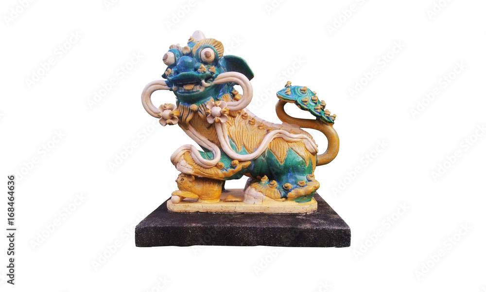 Statue of creature like dragon combine lion gold and jade color use to decorate garden and china gate with clipping path Statue of creature like dragon combine lion gold and jade color use to decorate garden and china gate with clipping path