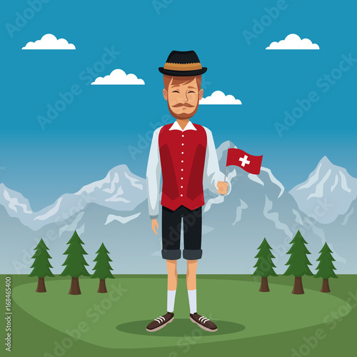 mountain landscape valley poster of switzerland with man in traditional costume with small flag vector illustration