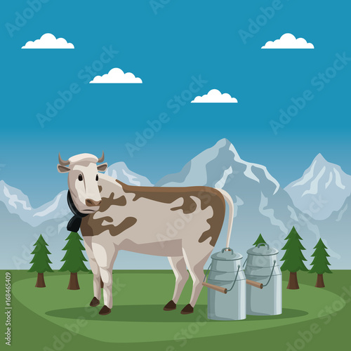 mountain landscape valley poster of switzerland with cow animal and metal jars of milk vector illustration