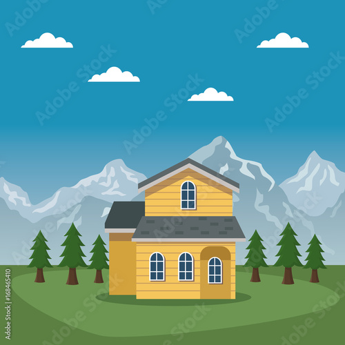 mountain landscape valley poster of switzerland with facade house vector illustration