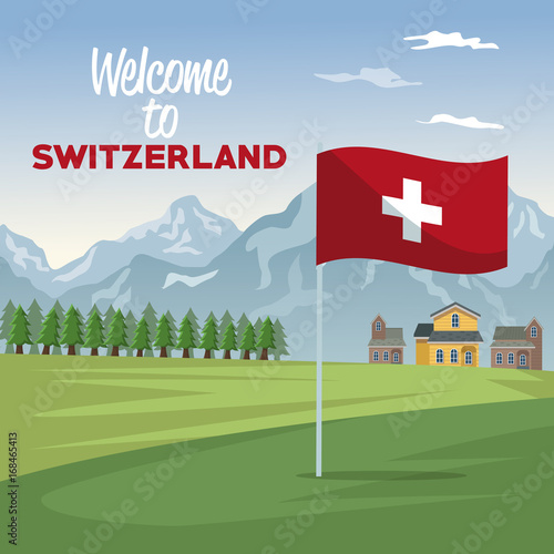 mountain landscape valley poster of welcome of switzerland with forest and facades houses with closeup flag vector illustration