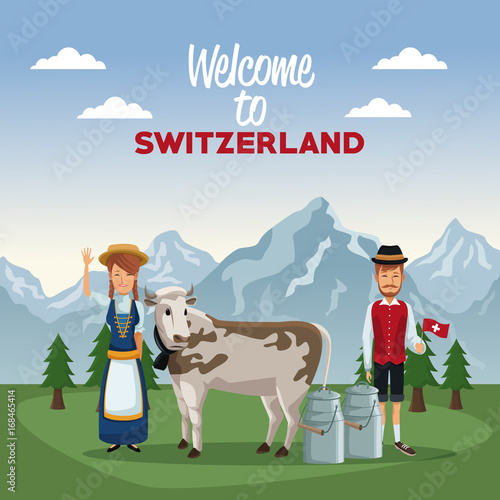 mountain landscape valley poster of welcome of switzerland with people of traditional costume and cow with metal jars vector illustration