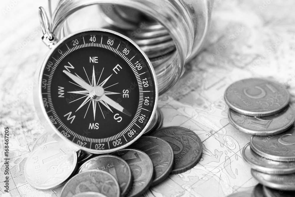 Compass and money on the map,a set of traveler Compass and money on the map,a set of traveler
