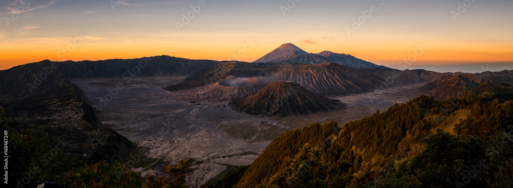 Panorama at Bromo, Semeru, and Batok volcano mountain in a morning, East Java, Indonesia, Asia