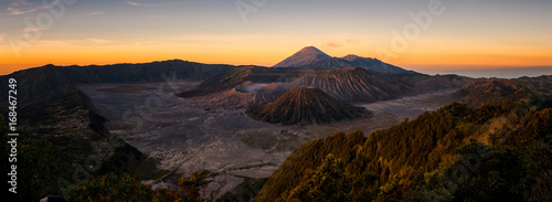 Panorama at Bromo, Semeru, and Batok volcano mountain in a morning, East Java, Indonesia, Asia