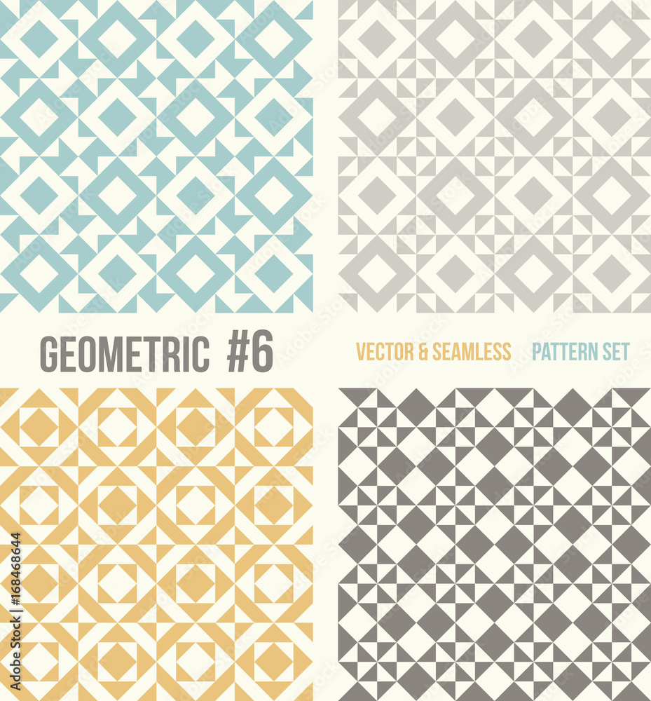 Set of four abstract geometric backgrounds. Seamless vector patterns. Yellow and grey, teal colors. Set of four abstract geometric backgrounds. Seamless vector patterns. Yellow and grey, teal colors.