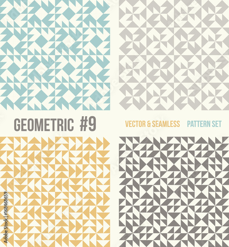 Set of four abstract geometric backgrounds. Seamless vector patterns. Yellow and grey, teal colors.