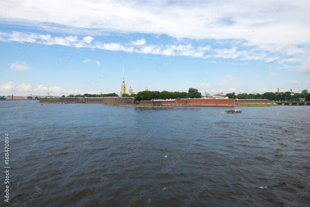 Panorama of the Peter and Paul Fortress on a cloudy July day. Saint-Petersburg, Russia