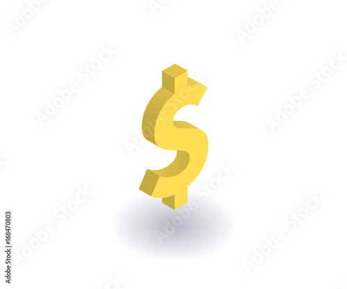 Gold dollar sign icon, vector symbol in flat isometric 3D style isolated on white background.