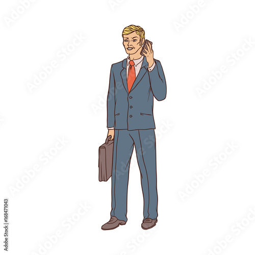 Male businessman in a business suit and a suitcase to talk on the cell phone in hand. Worker in finance and trade. People of professions. Vector colored sketch of realistic illustration.