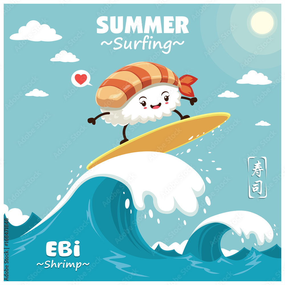 Vintage sushi poster design with vector sushi surfer. Chinese word means  sushi. Stock Vector