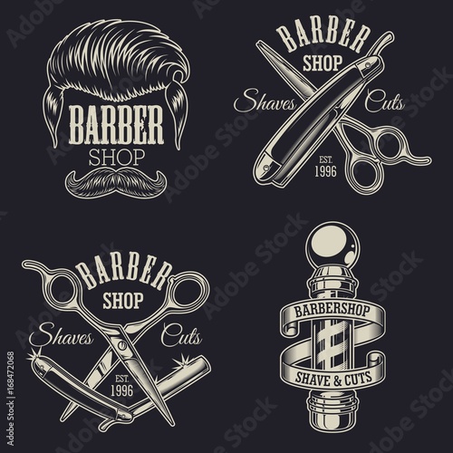 Set of vintage barbershop emblems, labels, badges, logos. Layered. Text is on separate layer. Isolated on black background
