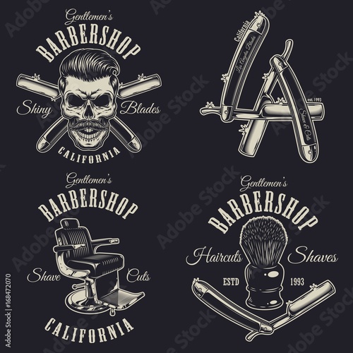 Set of vintage barbershop emblems, labels, badges, logos. Layered. Text is on separate layer. Isolated on black background