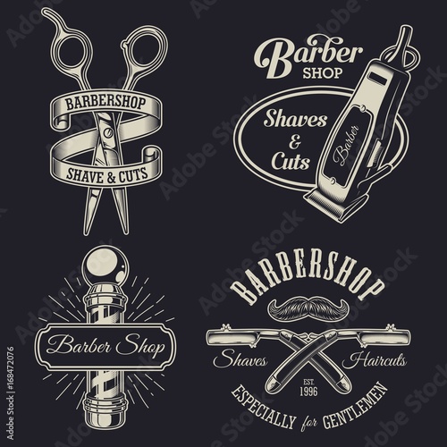 Set of vintage barbershop emblems, labels, badges, logos. Layered. Text is on separate layer. Isolated on black background