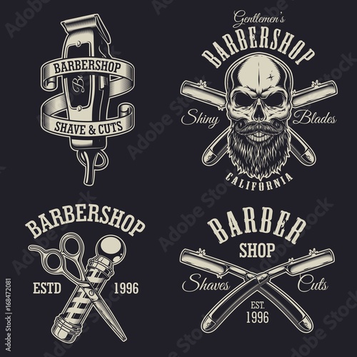 Set of vintage barbershop emblems, labels, badges, logos. Layered. Text is on separate layer. Isolated on black background