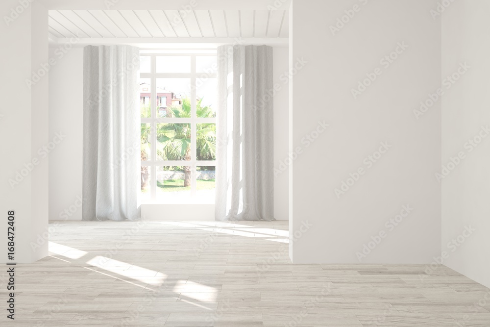 Fototapeta premium White empty room with summer landscape in window. Scandinavian interior design. 3D illustration