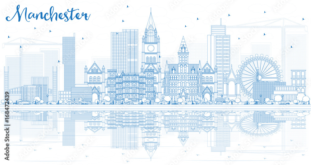 Outline Manchester Skyline with Blue Buildings and Reflections.