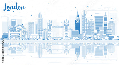 Outline London Skyline with Blue Buildings and Reflections.