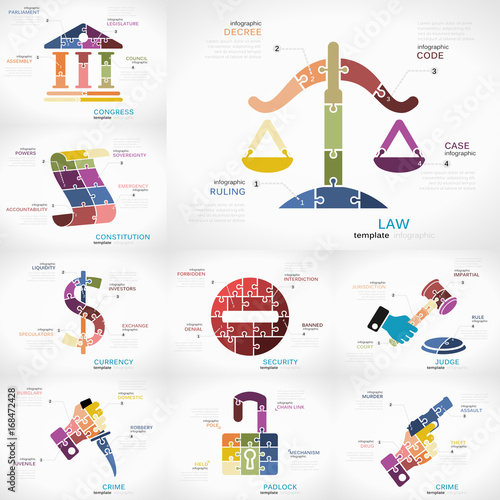 Justice infographic collection pack with Law, Congress, Constitution, Currency, Security, Judge, Crime and Padlock puzzle illustrations