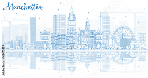 Outline Manchester Skyline with Blue Buildings and Reflections.