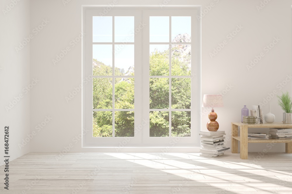 Fototapeta premium White empty room with summer landscape in window. Scandinavian interior design. 3D illustration