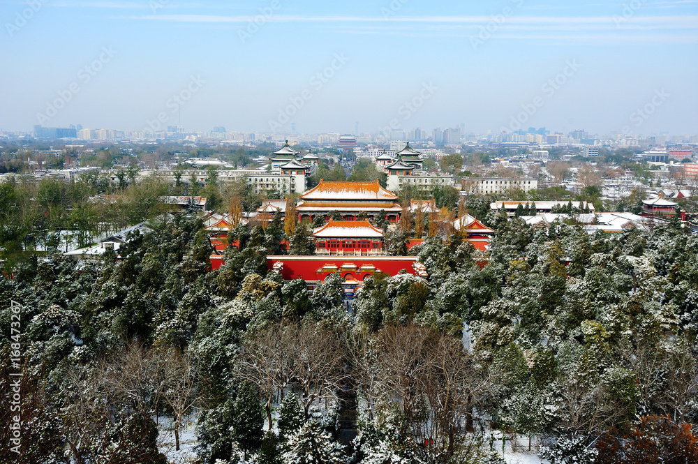 Elevated view of Beijing city axis after snow in winter