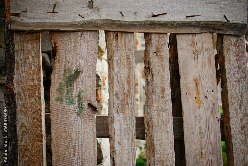 Close up background of vertical fence of light wooden planks that nailed with fasteners and have cracks between each other