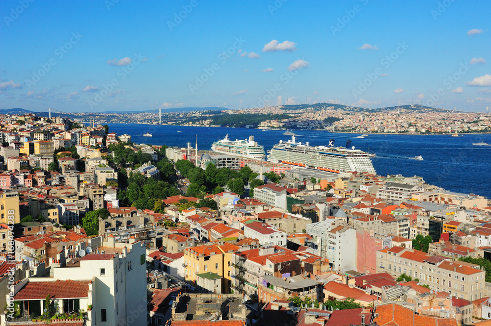 Bosphorus under blue sky and Istanbul cityscape,Turkey