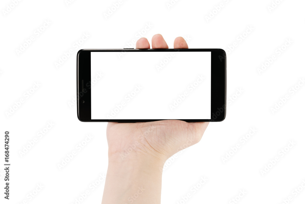 young female hand holding smartphone isoalted on white young female hand holding smartphone isoalted on white