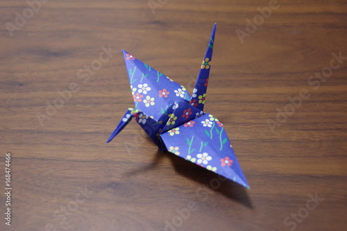 折り紙、鶴、青、千代紙