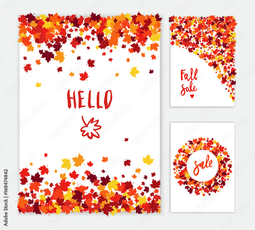 Autumn vector greeting card set of flying maple leaves in traditional ...