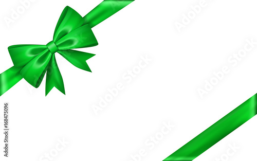 Gift bow ribbon silk. Green bow tie isolated white background. 3D gift bow tie for Christmas present, holiday decoration, birthday celebration. Decorative satin ribbon element Vector illustration