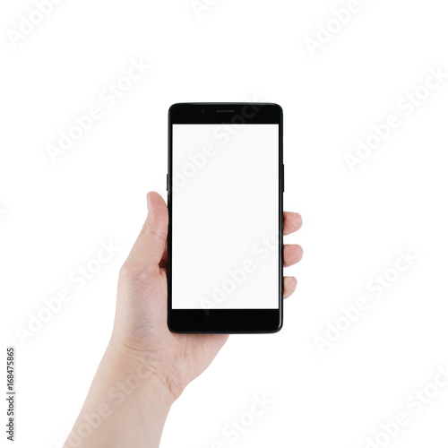 female teen left hand holding smartphone isolated on white