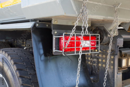 A close-up photo of a truck's rear light