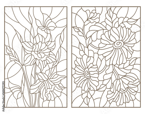 Set contour illustrations in the stained glass style with flowers, daffodils with butterflies and a bouquet of poppies