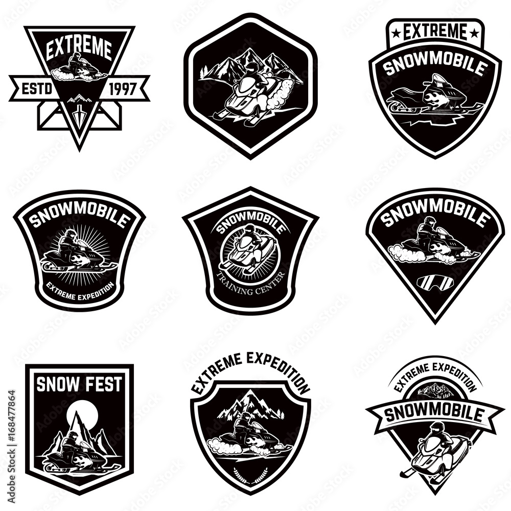 Set of snowmobile sport emblems. Snow bike. Design elements for logo, label, emblem, sign