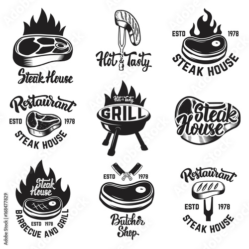 Set of steak house, butchery shop emblems with lettering. Design elements for logo, label, emblem, sign. Vector illustration