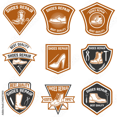 Set of shoe repair emblems. Shoe repair tools. Design elements for logo, label, emblem, sign.