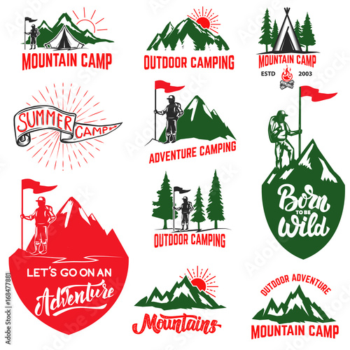 Set of mountain camping, outdoor adventure, mountains labels. Design elements for logo, label, emblem, sign. Vector illustration