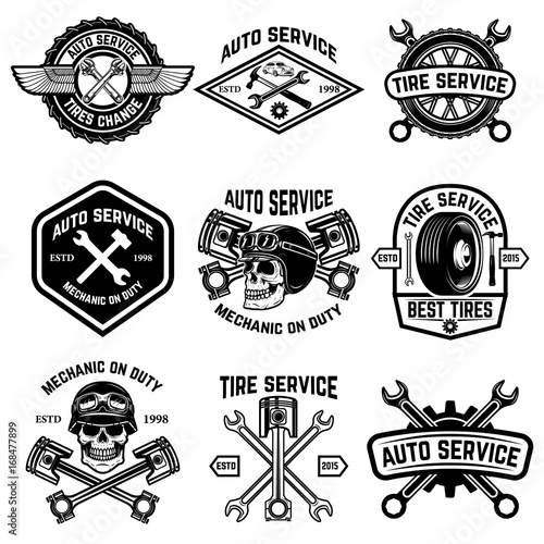 Set of car service, auto service, tire change badges isolated on white background. Design elements for logo, label, emblem, sign. Vector illustration