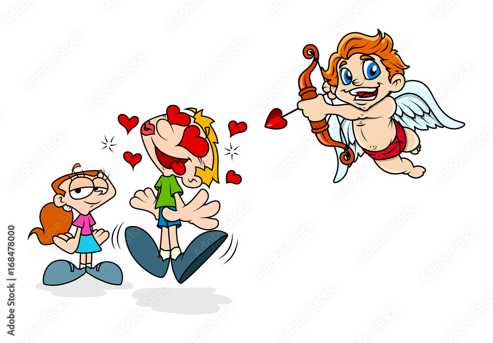 Boy Falling in Love and Cupid Aiming Boy Falling in Love and Cupid Aiming