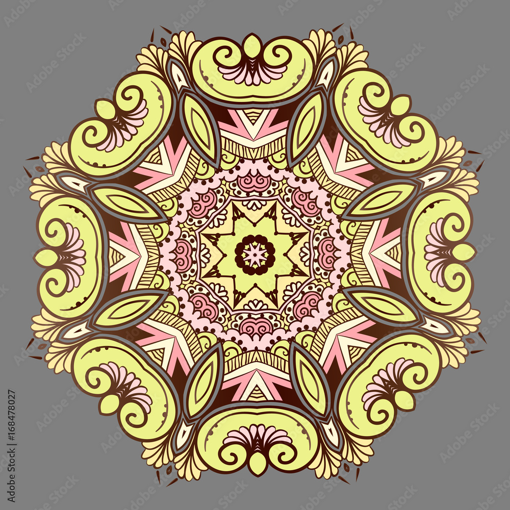 Drawing of a floral mandala in yellow and brown colors on a gray background. Hand drawn tribal vector stock illustration