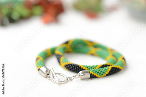Bead crochet necklace in jamaican style close up