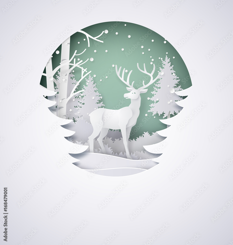 Fototapeta premium Jeleń w lesie ze śniegiem w sezonie zimowym i bożego narodzenia. Styl sztuki papieru wektorowego.